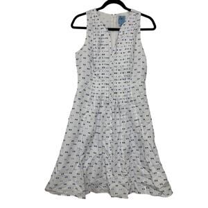 Cece Embroidered Fit & Flare White Blue Cotton Dress Womens Size 4